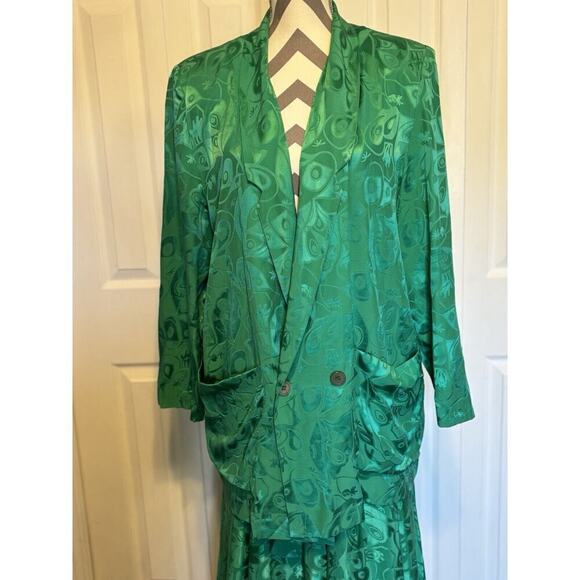 VINTAGE HONG KONG CHINESE SILK Green Pattern Flare Maxi Skirt Blazer Pockets Lux - Picture 2 of 9